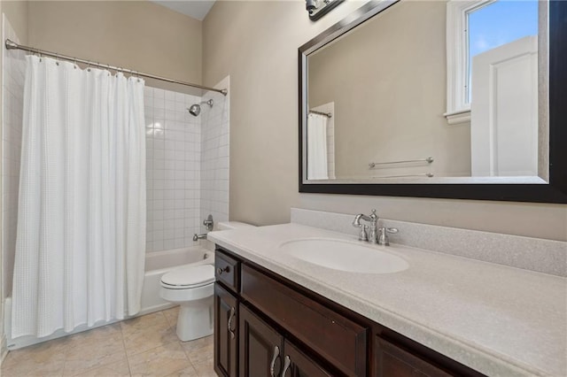 bathroom with toilet, vanity, and shower / bath combination with curtain