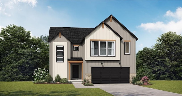 modern inspired farmhouse featuring roof with shingles, board and batten siding, an attached garage, concrete driveway, and a front yard