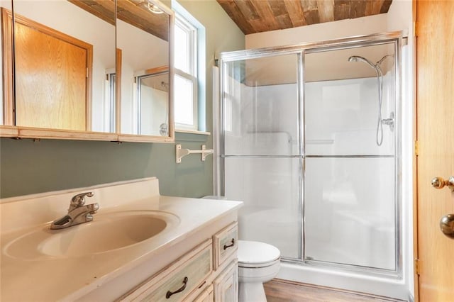 full bath featuring wooden ceiling, a stall shower, toilet, and vanity