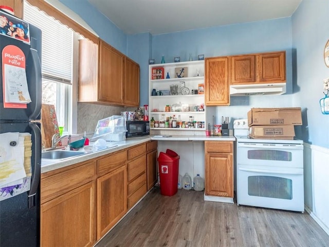 kitchen featuring under cabinet range hood, light countertops, wood finished floors, black appliances, and a sink