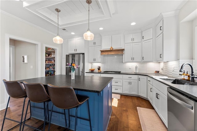 kitchen with dark countertops, dark wood-style flooring, a sink, appliances with stainless steel finishes, and a raised ceiling