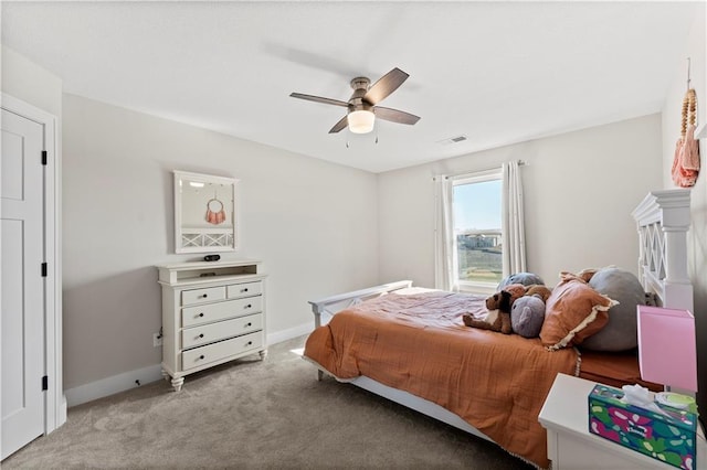 bedroom featuring visible vents, ceiling fan, baseboards, and carpet floors