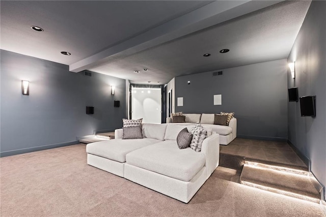 16121 Paradise St, Overland Park, KS 66221 - home theater room featuring carpet, beamed ceiling, and recessed lighting