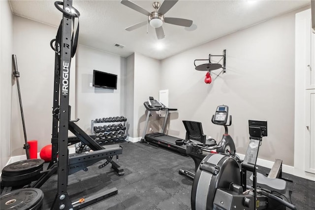16121 Paradise St, Overland Park, KS 66221 - exercise room with a ceiling fan and baseboards