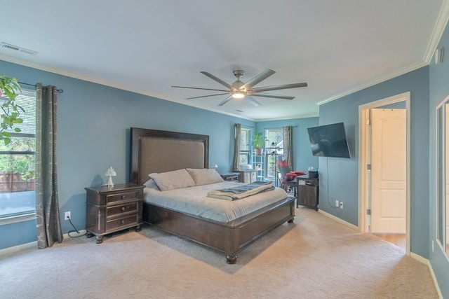 bedroom featuring multiple windows, visible vents, light colored carpet, baseboards, and ornamental molding