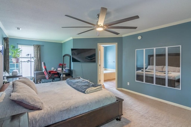 bedroom featuring crown molding, visible vents, baseboards, carpet flooring, and ensuite bath