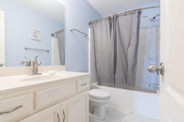 bathroom featuring shower / bath combo with shower curtain, toilet, marble finish floor, and vanity