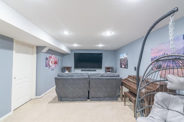 living area featuring carpet floors, recessed lighting, and baseboards