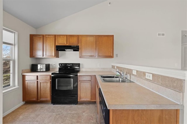 5501 NE 80th Ter Unit 3A, Kansas City, MO 64119 - kitchen featuring visible vents, lofted ceiling, under cabinet range hood, a sink, and black appliances