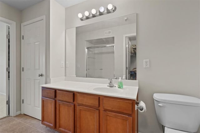 5501 NE 80th Ter Unit 3A, Kansas City, MO 64119 - bathroom with vanity, tile patterned flooring, visible vents, toilet, and a shower stall