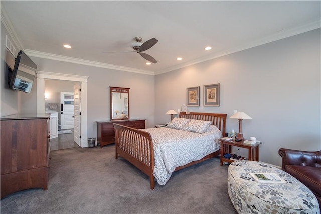 bedroom with recessed lighting, ceiling fan, dark carpet, and crown molding