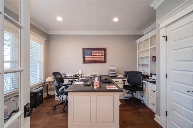 office space with recessed lighting, baseboards, dark wood-style flooring, and crown molding