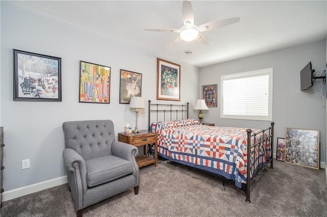 bedroom with carpet flooring, a ceiling fan, and baseboards