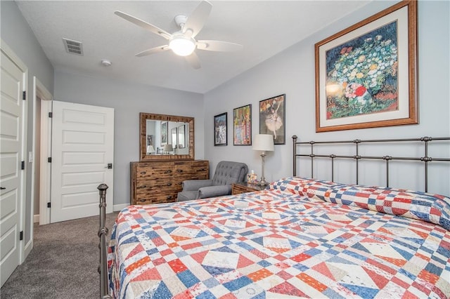 bedroom featuring visible vents, baseboards, ceiling fan, and carpet floors