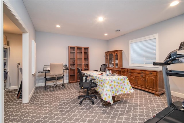 office featuring carpet flooring, recessed lighting, and baseboards