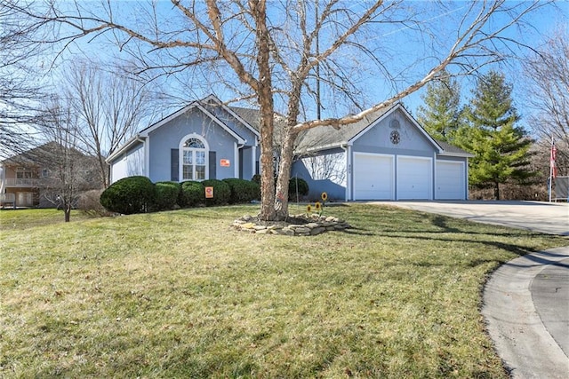 single story home featuring a garage, stucco siding, concrete driveway, and a front lawn