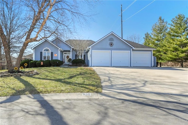 single story home featuring concrete driveway, an attached garage, a front yard, and stucco siding