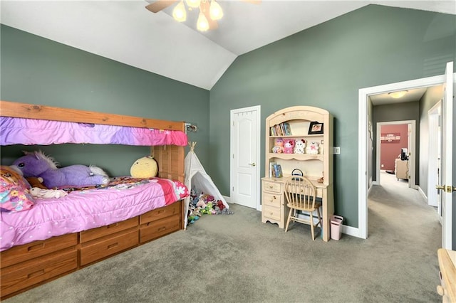 carpeted bedroom with ceiling fan, baseboards, and lofted ceiling