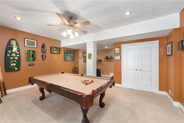 game room featuring recessed lighting, light colored carpet, baseboards, and ceiling fan