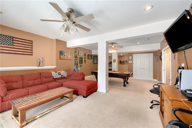 carpeted living area featuring recessed lighting, billiards, and ceiling fan