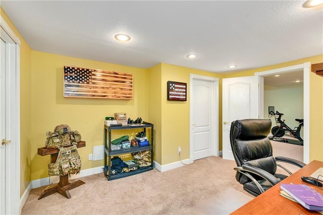 home office featuring carpet flooring, recessed lighting, a textured ceiling, and baseboards