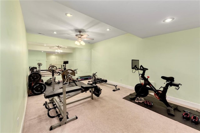 exercise area with recessed lighting, baseboards, a ceiling fan, and carpet flooring