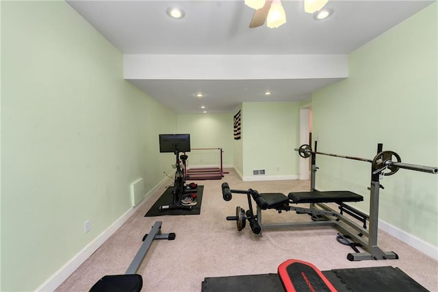 exercise room featuring recessed lighting, visible vents, baseboards, and a ceiling fan