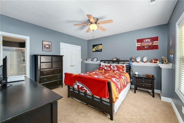 bedroom featuring light carpet, visible vents, ceiling fan, and baseboards