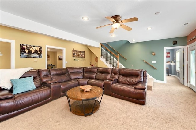 living room with a ceiling fan, recessed lighting, stairway, carpet, and baseboards