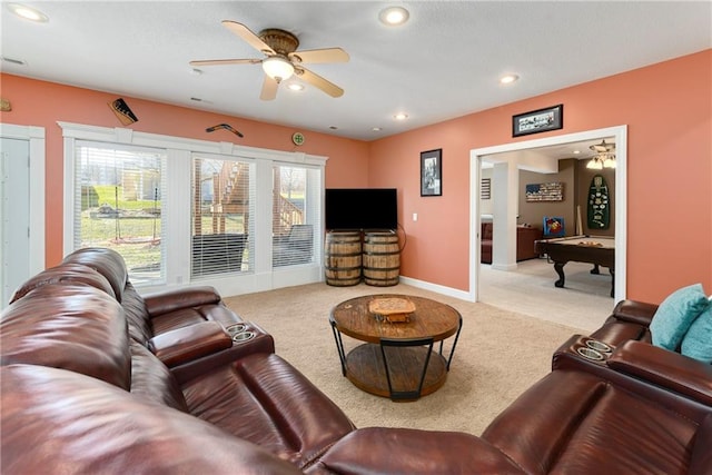 living room with recessed lighting, carpet, pool table, and a ceiling fan