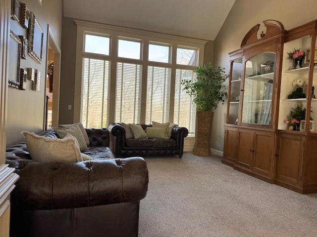 living area featuring light colored carpet and vaulted ceiling