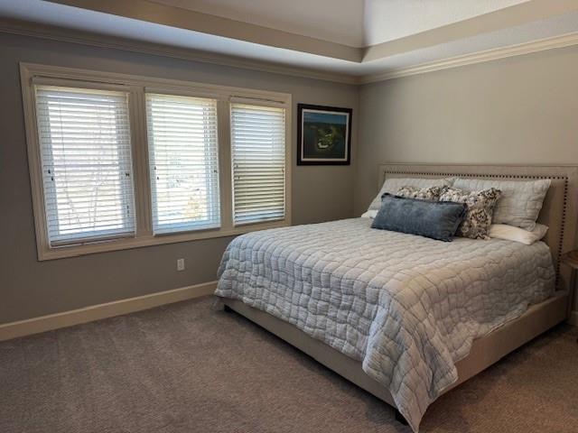 carpeted bedroom featuring crown molding and baseboards