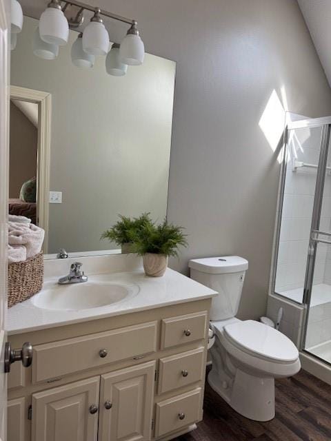 bathroom featuring vanity, toilet, wood finished floors, and a stall shower