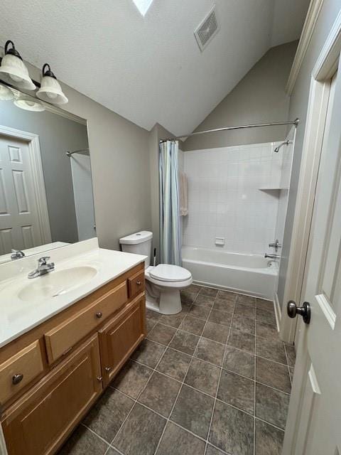 full bath featuring visible vents, toilet, vaulted ceiling, vanity, and shower / bathtub combination with curtain