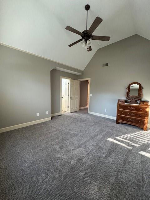 unfurnished bedroom featuring a ceiling fan, baseboards, visible vents, and carpet floors