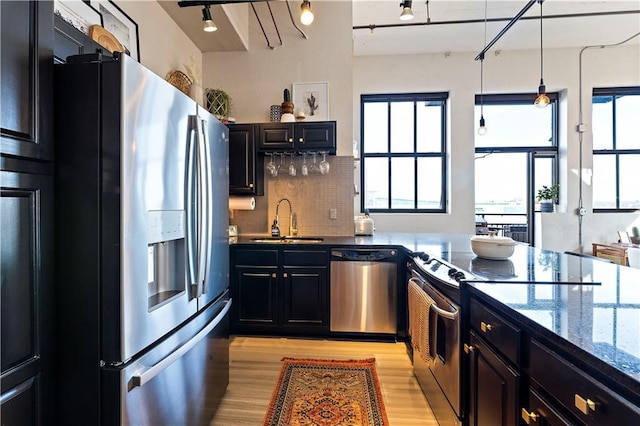 kitchen featuring light wood-style flooring, a sink, dark cabinetry, appliances with stainless steel finishes, and decorative backsplash