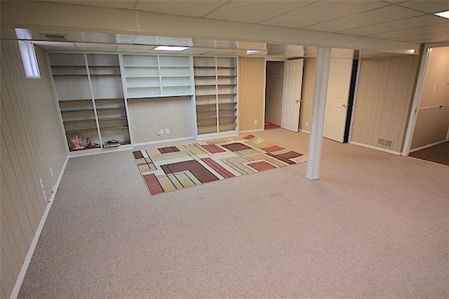 225 N Woodson Dr, Raymore, MO 64083 - finished basement with wood walls, built in shelves, a paneled ceiling, and carpet