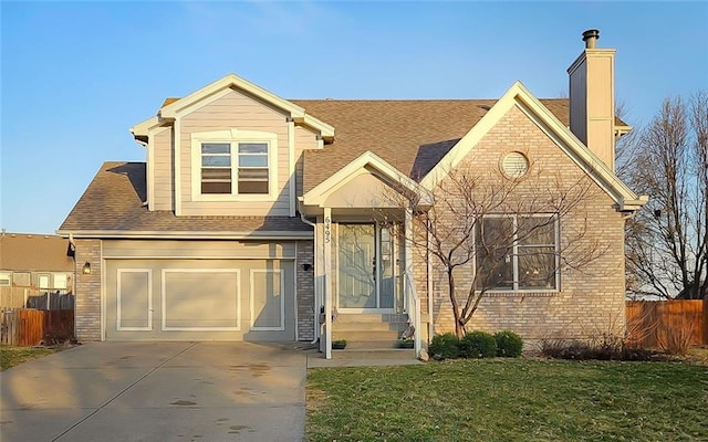 view of front of house featuring brick siding, a chimney, driveway, and fence