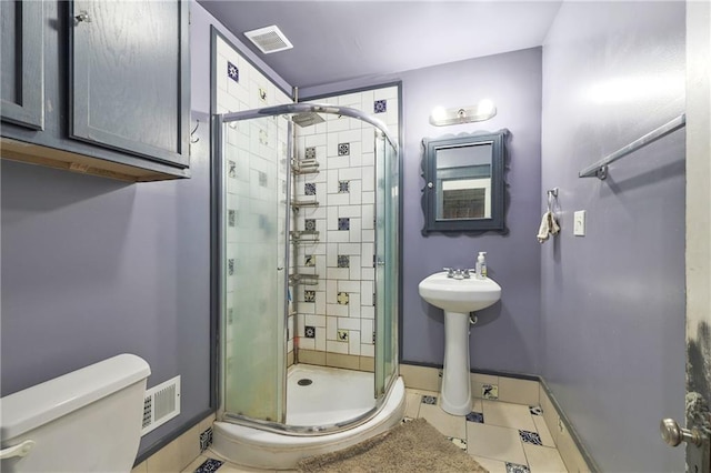 bathroom featuring visible vents, a stall shower, toilet, and baseboards