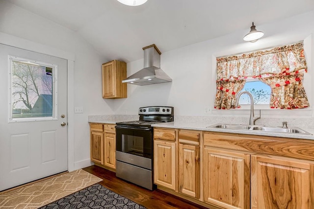 kitchen featuring a sink, exhaust hood, light countertops, and electric stove