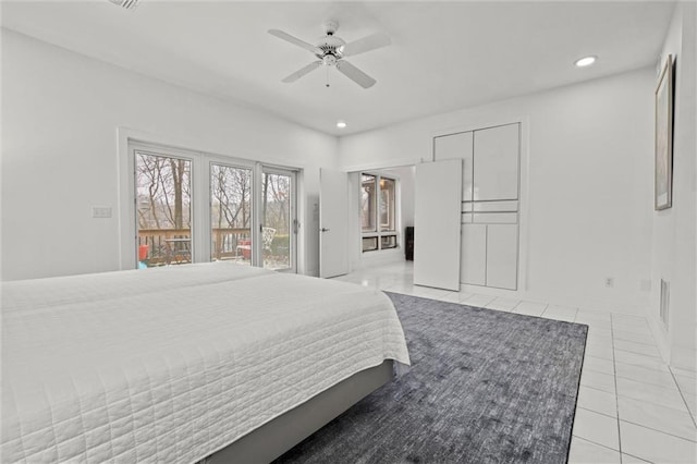 bedroom featuring light tile patterned floors, recessed lighting, and ceiling fan