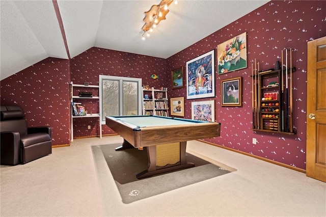 game room with billiards, carpet floors, wallpapered walls, lofted ceiling, and a textured ceiling