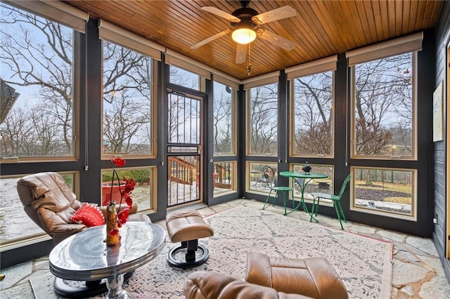 sunroom with wood ceiling and a ceiling fan