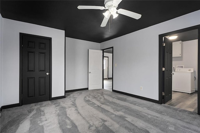 unfurnished bedroom featuring baseboards, carpet, and a ceiling fan