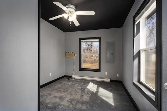 unfurnished room featuring ceiling fan, baseboards, an AC wall unit, electric panel, and baseboard heating