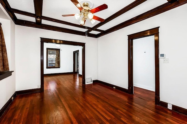 unfurnished room with hardwood / wood-style floors, visible vents, baseboards, coffered ceiling, and ceiling fan