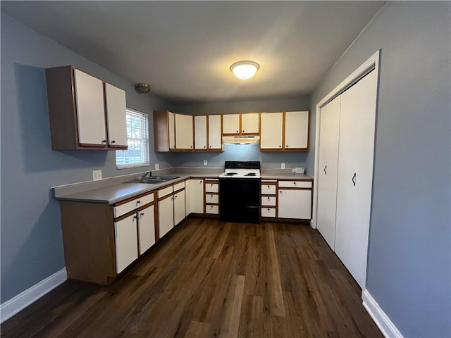 kitchen with under cabinet range hood, range with electric stovetop, light countertops, baseboards, and dark wood-style flooring