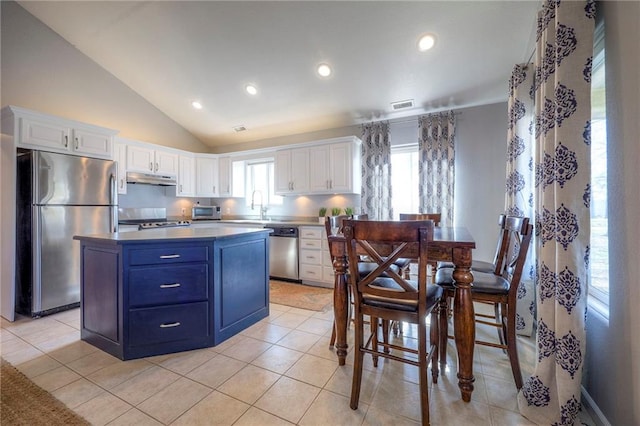 34 Bobcat Dr, Mound City, KS 66056 - kitchen featuring appliances with stainless steel finishes, white cabinets, healthy amount of natural light, vaulted ceiling, and a center island