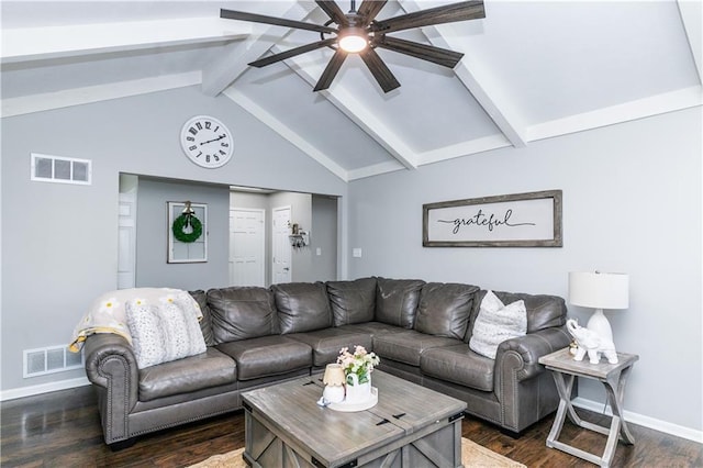 living room featuring a ceiling fan, baseboards, visible vents, and dark wood finished floors