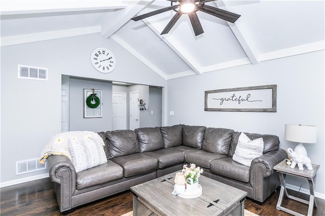 living area with visible vents, a ceiling fan, baseboards, and dark wood-style flooring